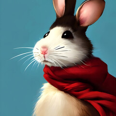 Hamster in a red coat on a blue background, close-up, image illustration