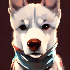 White dog in farfa close up, illustration style image