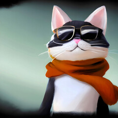 Cat with glasses and scarf close-up, illustration style image ,