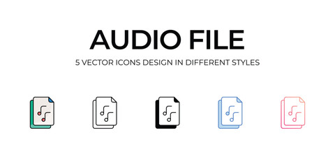 Audio File Icon Design in Five style with Editable Stroke. Line, Solid, Flat Line, Duo Tone Color, and Color Gradient Line. Suitable for Web Page, Mobile App, UI, UX and GUI design.