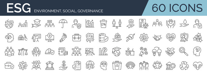 Set of 60 line icons related to ESG, ecology, environment, social, governance. Otuline icon collection. Editable stroke. Vector illustration. - 591621370