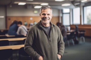 Obraz premium Full-length portrait photography of a satisfied, man in his 50s wearing a cozy sweater against a classroom or educational setting background. Generative AI
