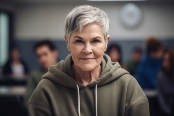 Fototapeta premium Portrait of smiling senior businesswoman with colleagues in background at office