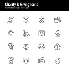 Charity & Giving Vector Line Icons - Pixel Perfect, Editable Stroke.