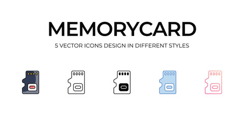 Memorycard Icon Design in Five style with Editable Stroke. Line, Solid, Flat Line, Duo Tone Color, and Color Gradient Line. Suitable for Web Page, Mobile App, UI, UX and GUI design.