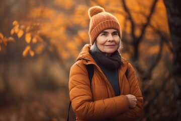 Outdoor portrait of a senior woman in the autumn forest. She is wearing warm clothes.