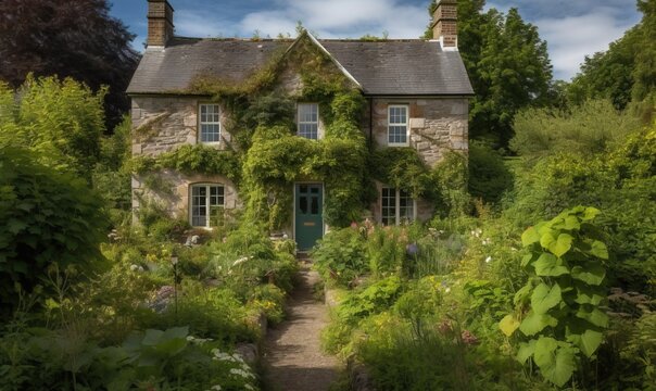 a stone house with a green door surrounded by greenery.  generative ai