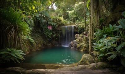  a small pool of water surrounded by lush green plants and a waterfall.  generative ai
