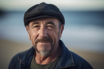 Portrait of a senior man on the beach, wearing a cap.
