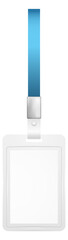 Blank id card on blue ribbon. Name badge mockup