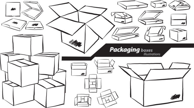types of packages and boxes brush stroke vector illustration