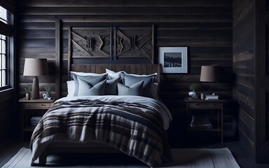 A Vintage dark Bedroom Design with Mid-Century Accents , photo frame in the  wall ,beautiful interior design 