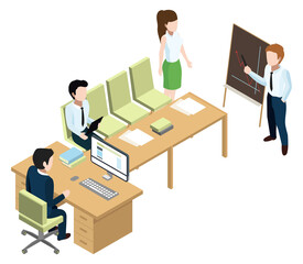 Business presentation in conference room. Isometric office scene