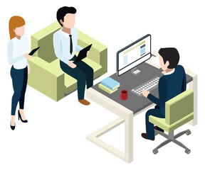 Office workers doing report to manager. Isometric scene