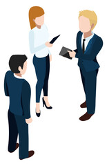 Office colleagues with tablets. Isometric business persons talking