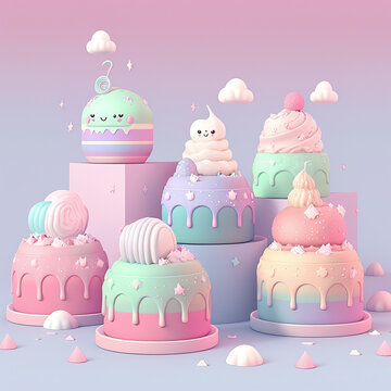 Cute colorful pastel cackes on pastel backgrounds