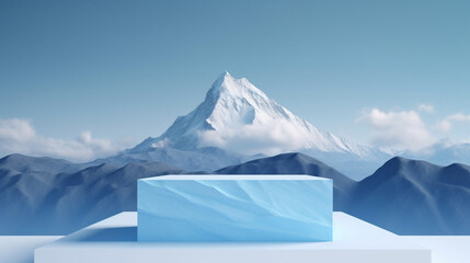 3D podium display. Product presentation stand and advertising scene. Display with a cool, icy blue surface. Set against a snowy mountain landscape.