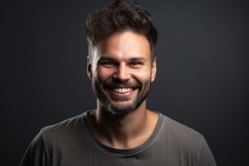 Fototapeta premium Medium shot portrait photography of a grinning man in his 30s wearing a casual t-shirt against a minimalist or empty room background. Generative AI