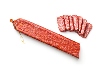 Smoked .sausage. Sliced salami isolatd on white background.