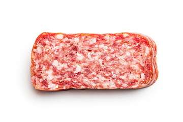 Smoked .sausage. Sliced salami isolatd on white background.