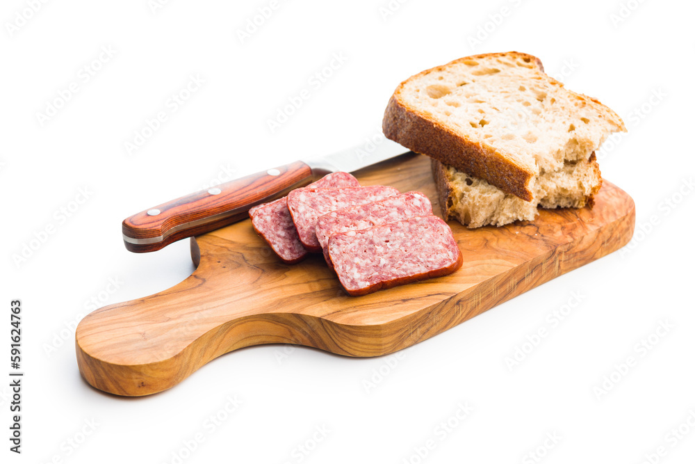 Wall mural Smoked sausage. Sliced salami and bread isolatd on white background.