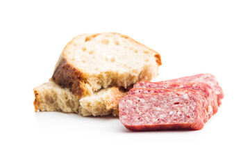 Smoked sausage. Sliced salami and bread isolatd on white background.