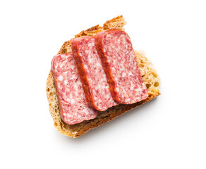 Smoked sausage. Sliced salami and bread isolatd on white background.