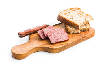 Smoked sausage. Sliced salami and bread isolatd on white background.