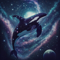 Obraz na płótnie Canvas a cosmic orca whale swimming through space, a surreal killer whale in space, a spirit animal