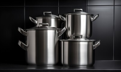  a group of pots and pans sitting on a counter.  generative ai