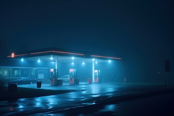 Fototapeta na wymiar Gas station at midnight, in fog. Generative AI.