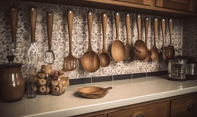  a kitchen counter topped with wooden spoons and wooden utensils.  generative ai