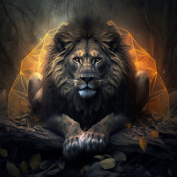 Powerful dark lion in dark forest