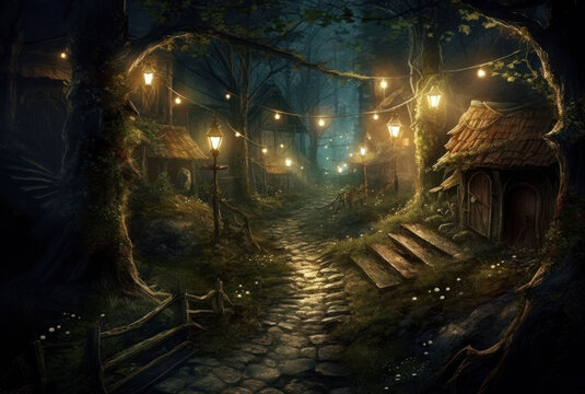 Little houses of gnomes in the nightly forest