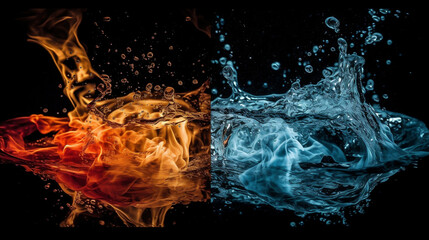 fire and water on black - opposite energy, Generative Ai