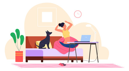Woman stretching on sofa. Home exercise after computer work