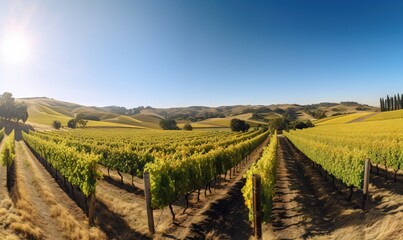 Fototapeta premium a vineyard in the middle of a field with trees and hills in the background. generative ai