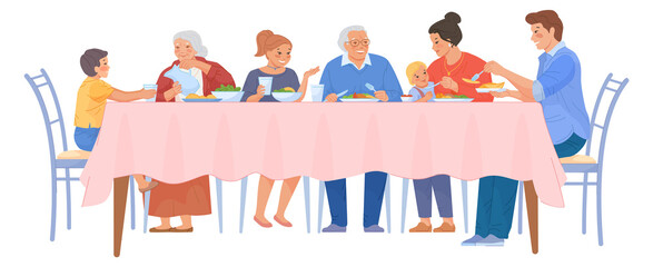 Family dinner. Cartoon happy people eating at table
