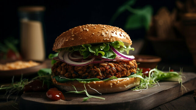 juicy Burger on a table new quality stock image food illustration desktop wallpaper design, Generative AI	
