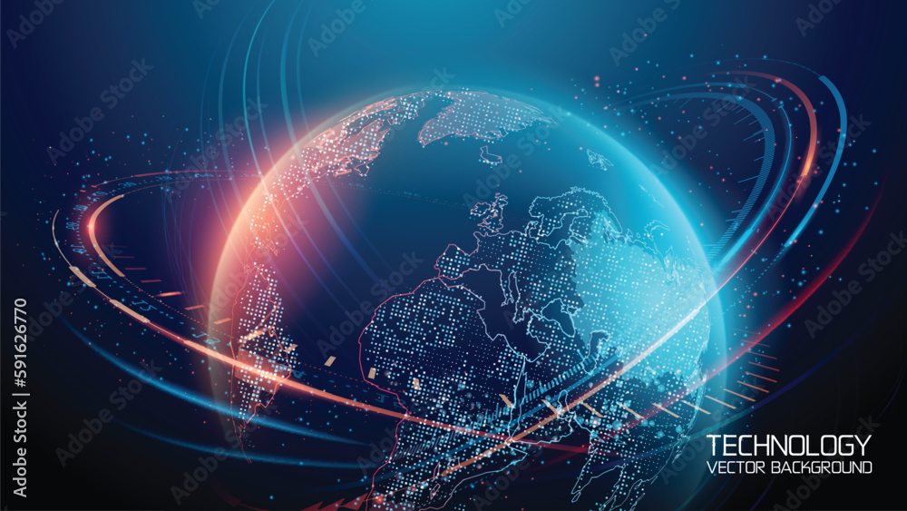 Wall mural dark blue vector background. planet earth. abstract technological rings in the orbit of the planet. 