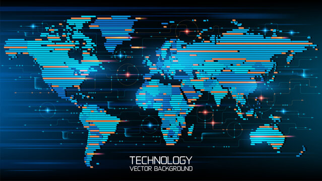 Blue abstract technological vector background. Geographic map. Planet Earth. The contours of the continents in the form of isometric strips. Global communication system and the Internet. Modern tech.