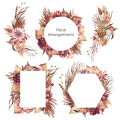 Set of watercolor floral Bohemian arrangements. Wedding geometric frames Save the date. Dried flowers and leaves. Autumn Botanical png illustration for birthday card, invitation and logo composition. - 591627329