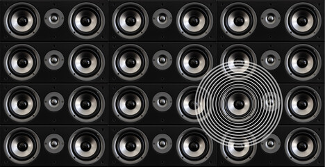 Background of hi-fi stereo speakers with graphical representation of sound wavers coming out of one of the loudspeakers