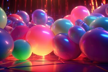 Balloons with neon lights on colors background. AI generated