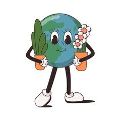 Groovy cartoon character funny happy Earth. Earth day concept. World Environment Day. Isolared vector illustration. Hippie 60s, 70s style. Earth and flower in groovy style