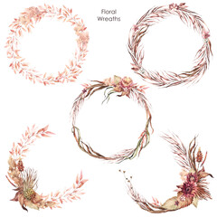 Set of watercolor Boho floral arrangements. Wedding wreath Save the date. Dried bohemian flowers and palm leaves. Autumn Botanical png illustration for wedding card, invitation and logo composition. - 591627799
