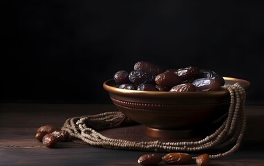 Arabian Dates in Decorative Bowl with Islamic Prayer Beads with Copy Space.  Ramadan. Generative AI