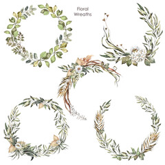 Set of watercolor floral arrangements. Wedding wreath Save the date. White flowers, dried and green leaves. Summer Botanical png illustration for wedding card, invitation and logo composition. - 591627962