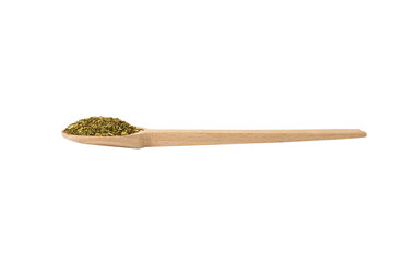 passion flower herb in latin - passiflora incarnata on wooden spoon isolated on white background. 