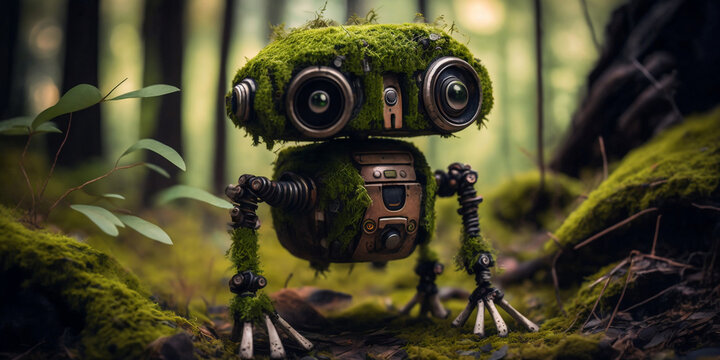 IA Generativa robot avanzado con musgos en medio de la naturaleza bosque parado tecnolog&iacute;a y medio ambiente